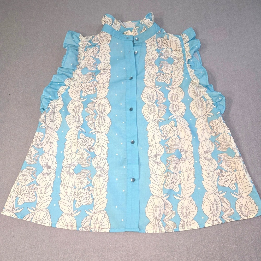 Mazik Blouse Women Large Blue Floral Polka Dot Ruffle Sleeveless Button Down Top